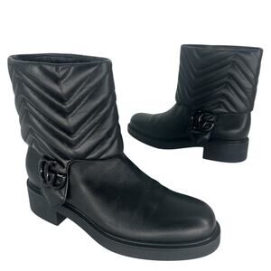 Gucci Quilted Double G Leather Moto Boots Black Ankle Booties Size 39